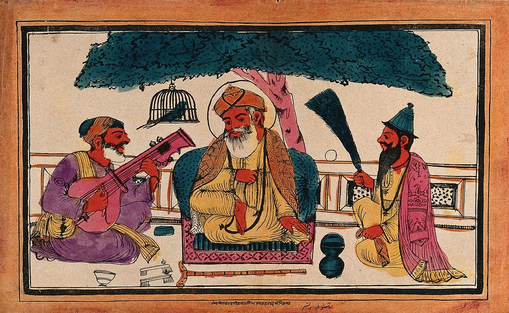 An Indian raja listening to music. Engraving by an Indian artist,18--.