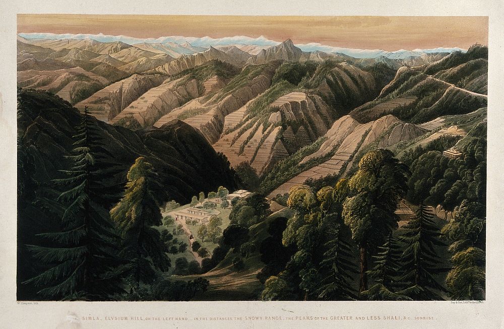 Simla and surrounding mountains in the Himalayas, Himachal Pradesh. Chromolithograph by William Simpson, c. 1852.
