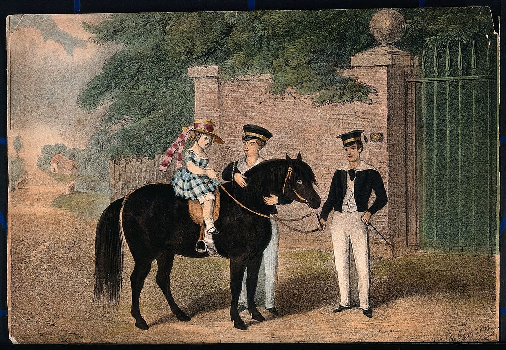 A girl wearing a straw hat and carrying a riding crop is seated on the back of a horse and two boys assist her. Coloured…
