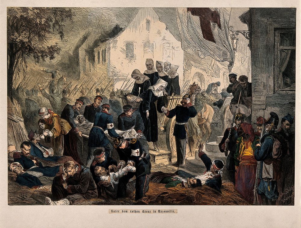 Franco-Prussian War: wounded being treated at Rezonville. Coloured wood engraving by Xylographisches Institut von A. Closs.