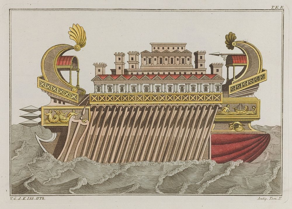 The flagship of Ptolemy Philopator. Coloured engraving, ca. 1804-1811.