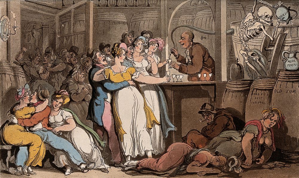 The dance of death: the dram shop. Coloured aquatint after T. Rowlandson, 1816.