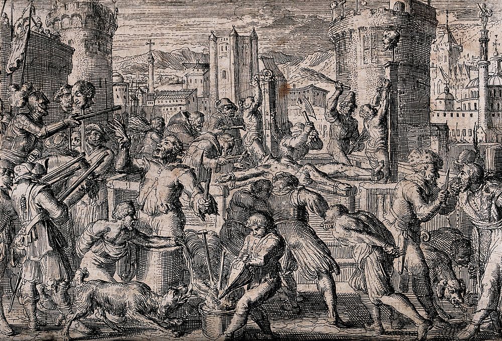 Soldiers dismembering, torturing and killing civilians outside town fortifications, probably during a siege. Etching by R.…