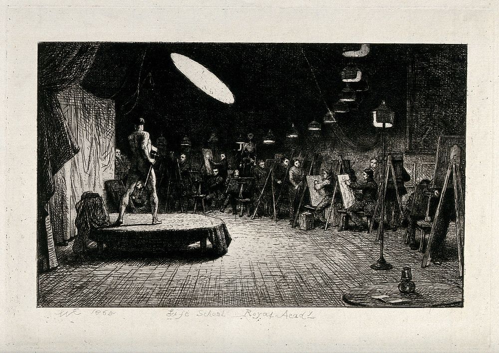 A male nude model being drawn by the life class at the Royal Academy in London. Etching by C.W. Cope, 1865.