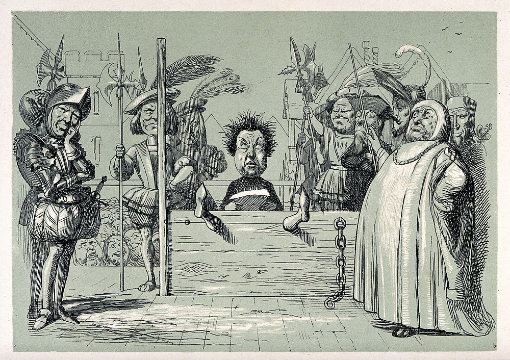 Perkin Warbeck imprisoned in the stocks and reading his confession before a crowd of spectators. Tinted lithograph after R.…