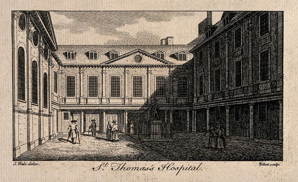 Old Saint Thomas's Hospital, Southwark: inside the first courtyard. Engraving by W. Elliot after S. Wale.