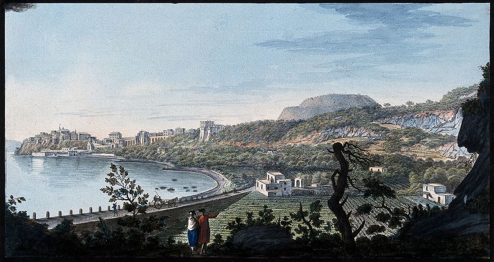 Pozzuoli, with Monte Barbaro in the distance, right. Coloured etching by Pietro Fabris, 1776.