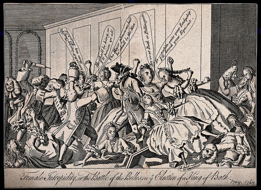 Ladies and gentlemen at Bath brawling over the election of the Master of ceremonies. Engraving, 1769.