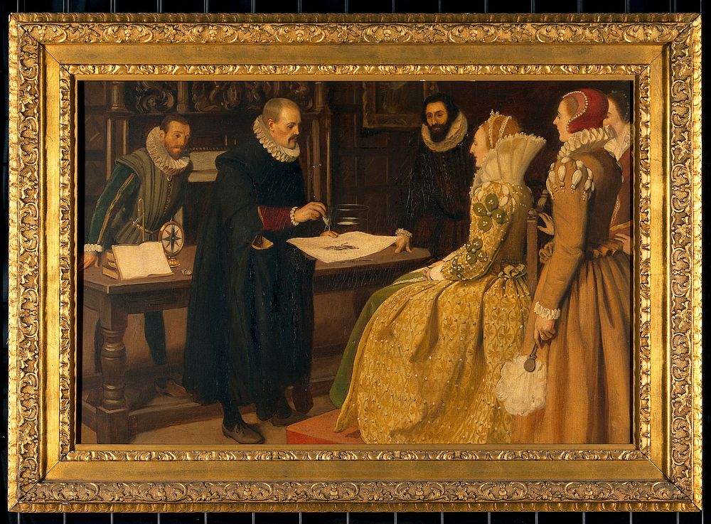William Gilbert demonstrating the magnet before Queen Elizabeth, 1598. Oil painting by Ernest Board.