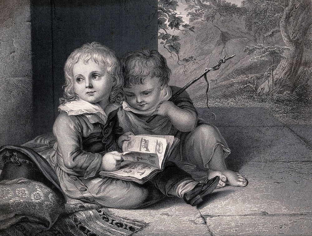 Two boys sitting together, one holding a stick and looking at the picture book that his brother is holding. Engraving by…