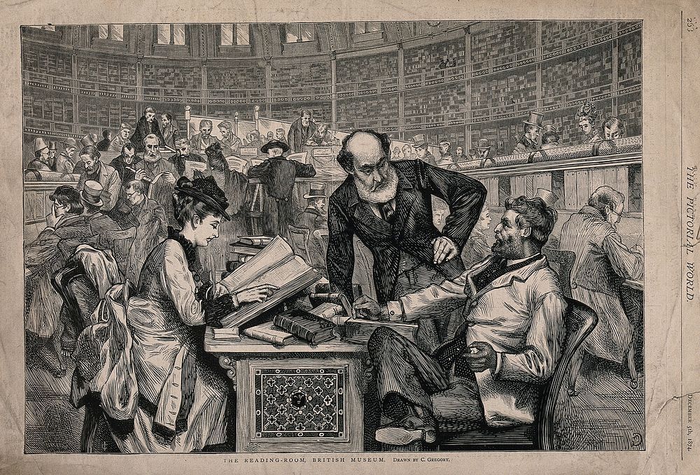 The British Museum: the interior of the reading room, in use. Wood engraving by [I.C.] after C. Gregory, 1874.