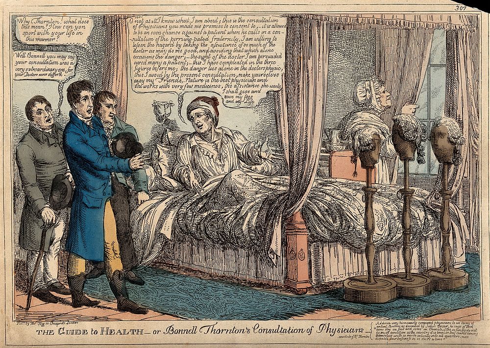 Bonnell Thornton lying ill in bed, consulting three physicians and pointing out their inadequacies. Coloured etching…