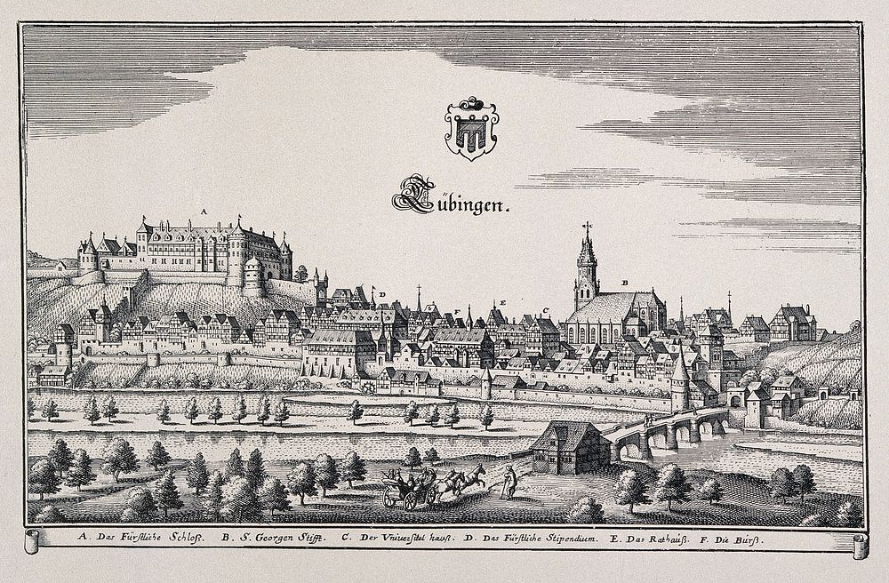 Tübingen, Germany: panorama with key and crest. Reproduction of a line engraving by K. Merian.