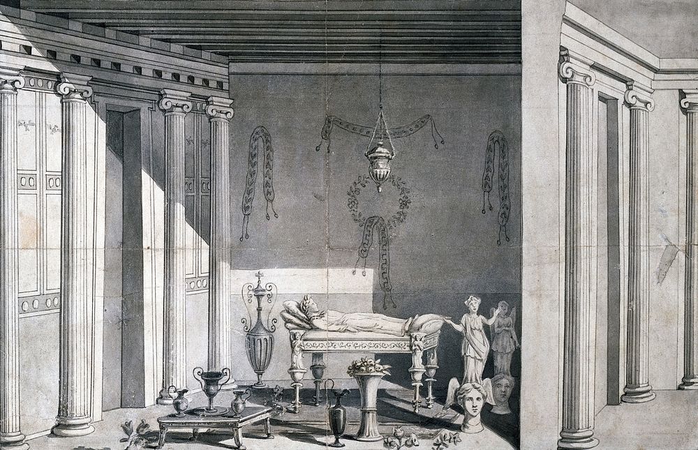 A body lying in a Graeco-Roman building, surrounded with vessels and sculpted figures. Drawing.