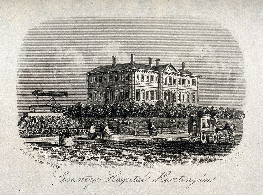 County Hospital, Huntingdon. Line engraving, 1860.