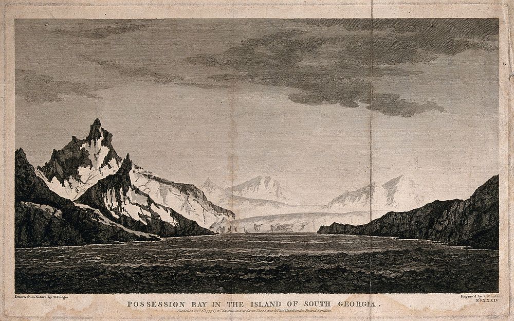 Possession Bay in South Georgia, southern Atlantic Ocean. Engraving by S. Smith, 1777, after W. Hodges, 1775.
