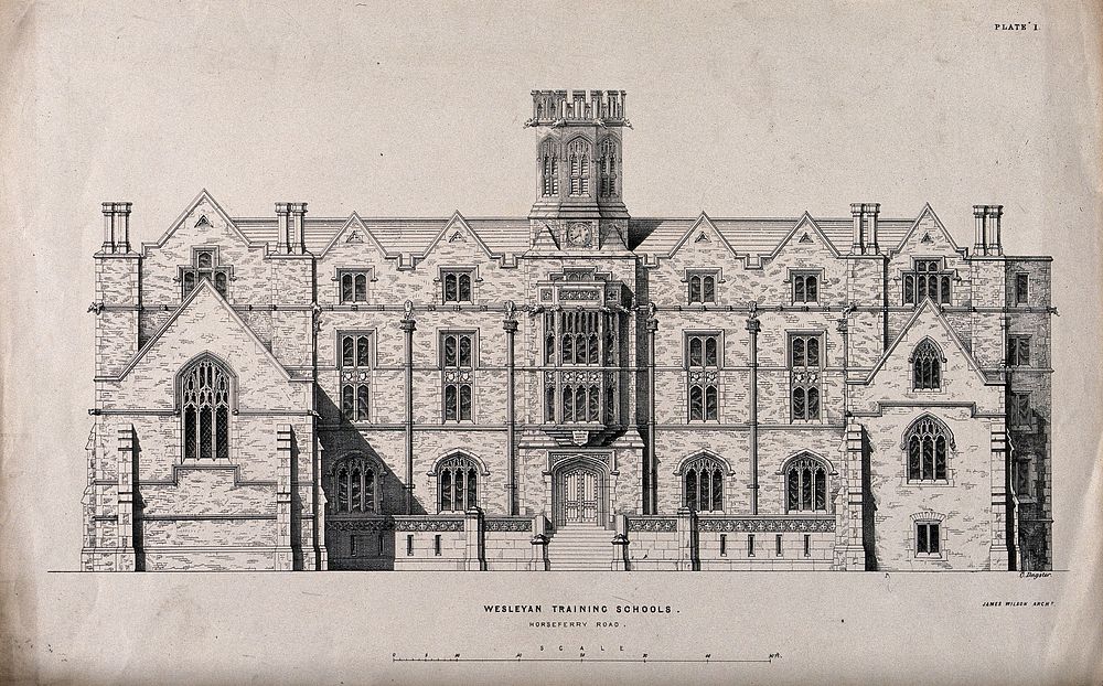 The Wesleyan College, Horseferry Road, Westminster. Lithograph by C. Bagster.