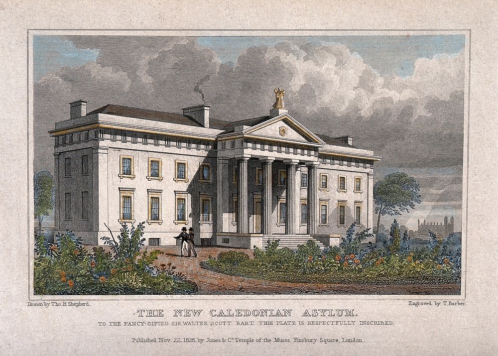 The Royal Caledonian Asylum, Copenhagen Fields, London: the facade. Coloured engraving by T. Barber after T. H. Shepherd…