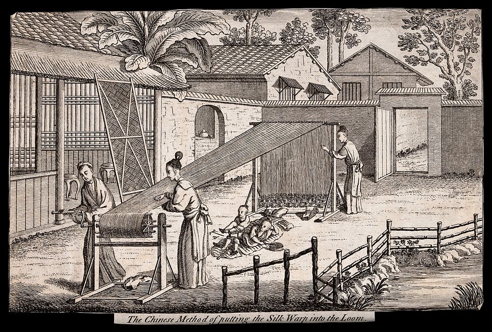 Textiles: silk manufacture in China, stretching the warp threads on a loom. Engraving.