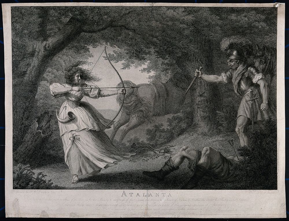 Atalanta defending her chastity during a hunt by shooting her pursuer. Engraving by J.K. Baldrey after H.W. Bunbury, 1790.