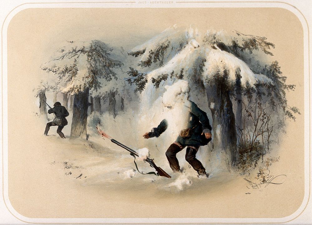 A huntsman is enveloped by a sudden fall of snow from an overhanging tree branch, causing him to drop his rifle which…