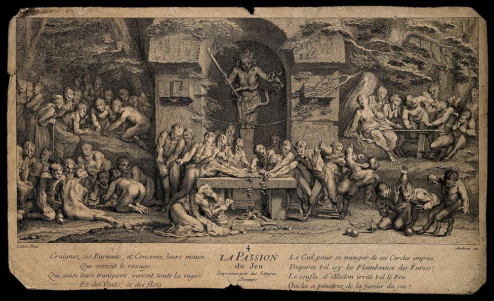 Medusa presiding over groups of satyrs who are gambling; representing gambling or gaming as a passion. Etching by J. Audran…