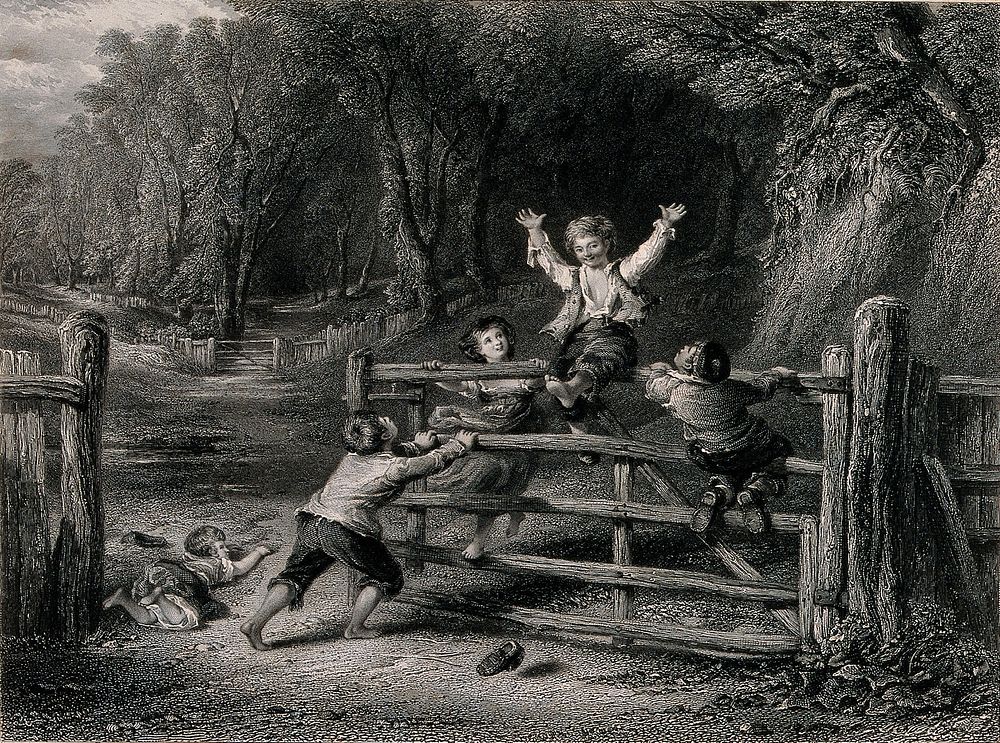 A group of children are playing on a gate in a woodland. Engraving by C. Cousen after W. Collins.