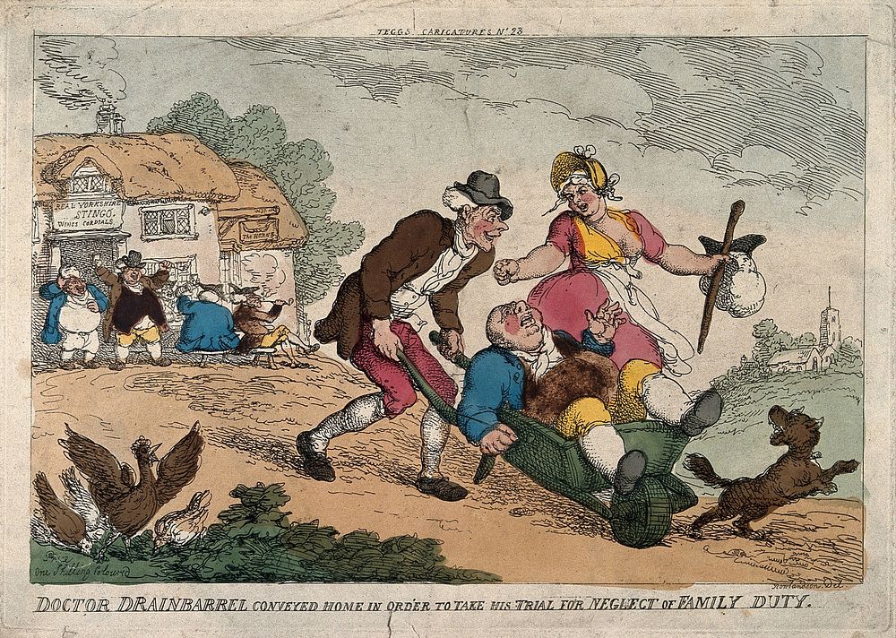 A drunken Doctor Drainbarrel is placed in a wheelbarrow and carted home from the inn. Coloured etching by T. Rowlandson…