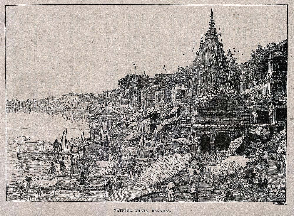 The bathing ghats and lingham temples by the river Ganges, Benares, India. Process print after S.G. Dawson.