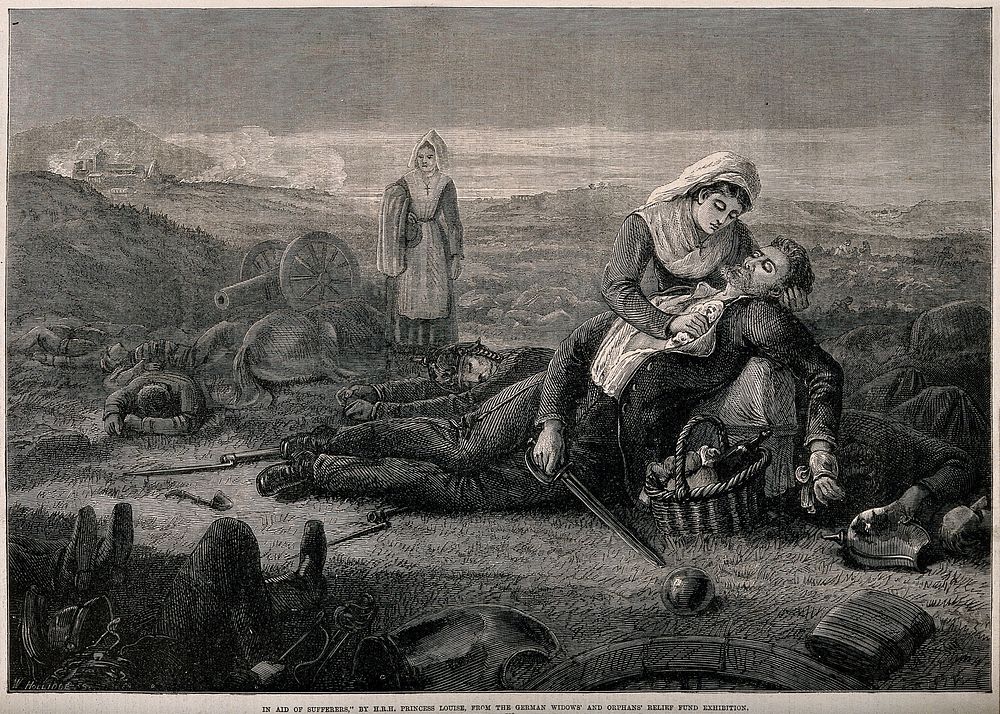 Franco-Prussian War: two nurses treating a wounded German soldier on the battlefield. Wood engraving by W. Hollidge after…