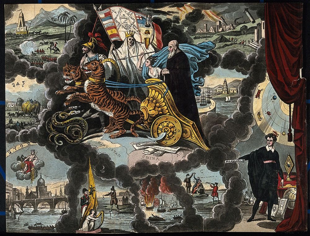 Astronomy: various apocalyptic scenes, including earthquake, war, and shipwreck. Coloured lithograph, [c.1833].