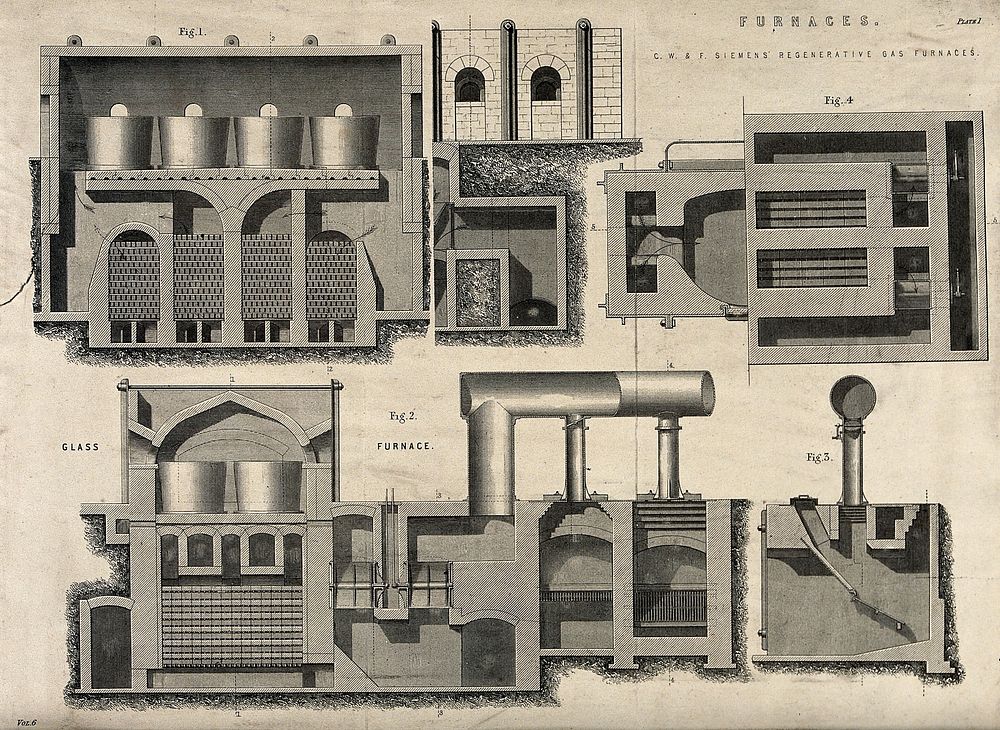 Machines: a gas-fired glass-furnace, long and short sections, plan and details. Engraving, after 1861.