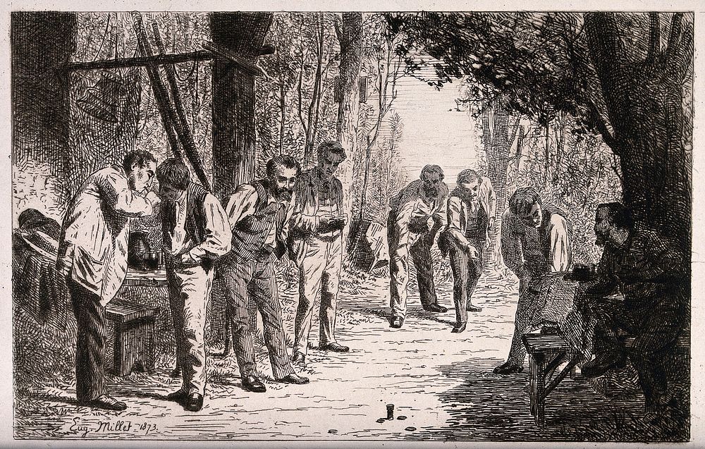Eight men playing quoits in a woodland clearing. Etching by Eugèe Henri Millet, 1873.