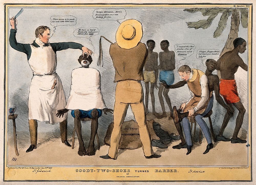 Lord Goderich shaving, and Lord Howick shoeing, a group of slaves: referring to the abolitionists. Coloured lithograph by J.…