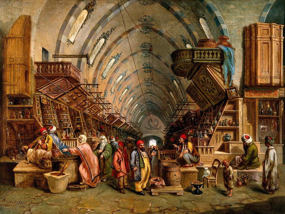 A bazaar (the Egyptian bazaar, Constantinople). Oil painting attributed to John Varley II.
