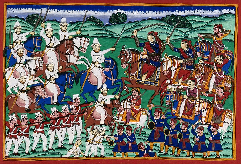 The Rani of Jhansi leads her troops in the siege of Jhansi fort. Gouache painting by an Indian painter, 18--.