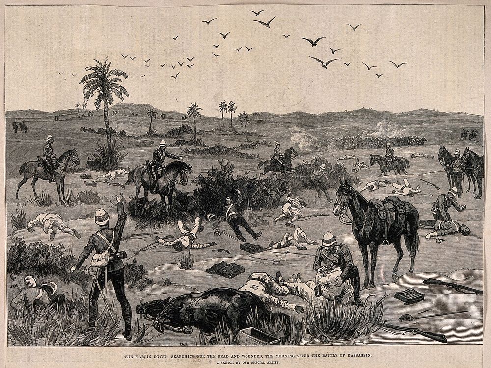 War in Egypt, Egypt: searching for the wounded and dead after the Battle of Kassassin. Wood engraving.