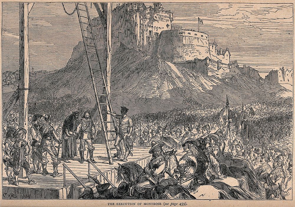 James Graham Marquess of Montrose about to mount the ladder to the gibbet in the marketplace of Edinburgh. Wood engraving by…