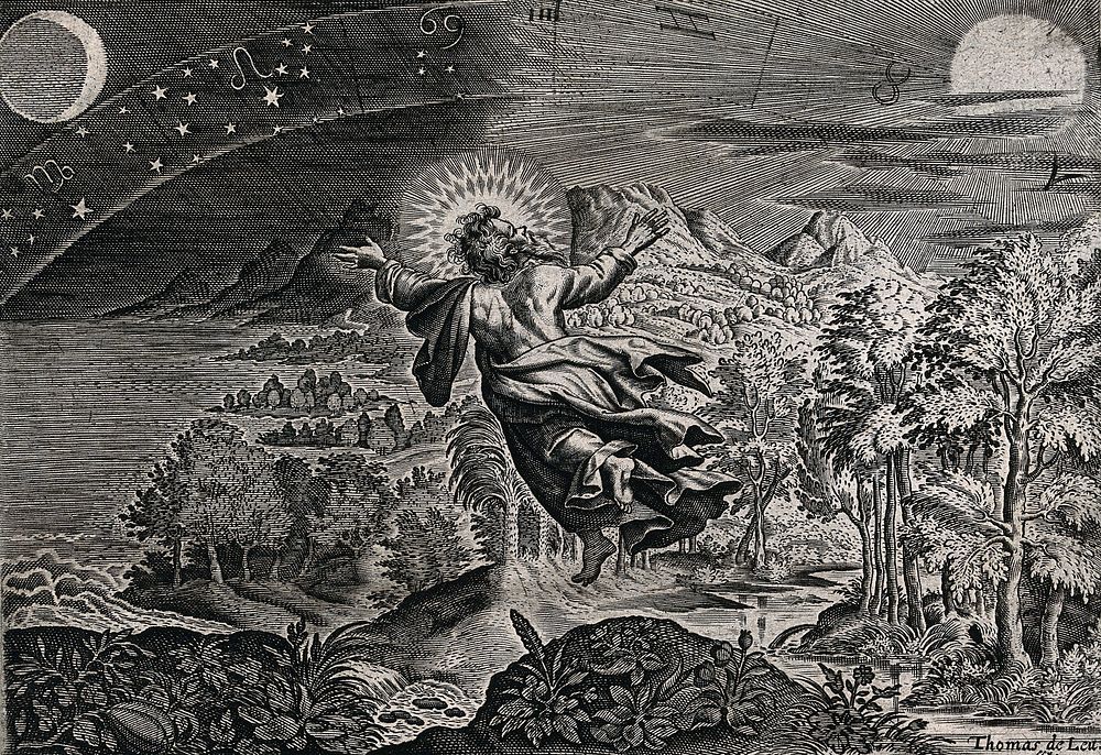 The fourth day of Creation: God creates the sun, moon and stars. Line engraving by Thomas de Leu.