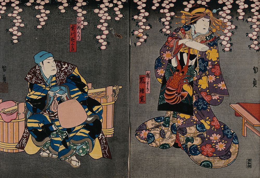 Actors in a confrontation under cherry blossom. Colour woodcut by Kunikazu, early 1860s.