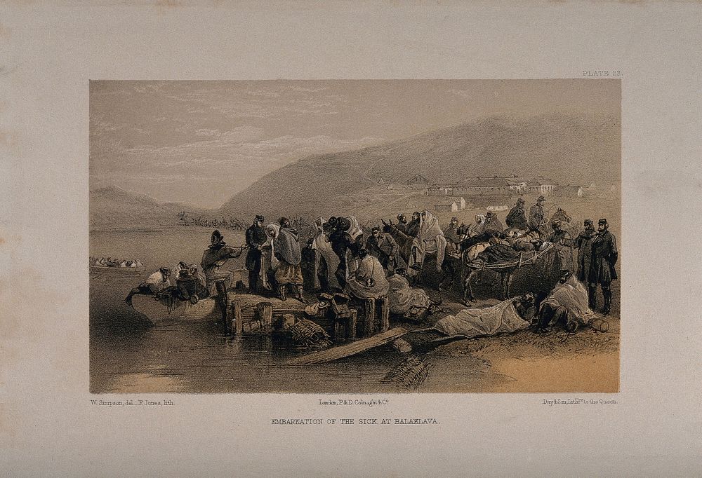 Crimean War, Balaklava: embarkation of the sick. Tinted lithograph by F. Jones after W. Simpson.