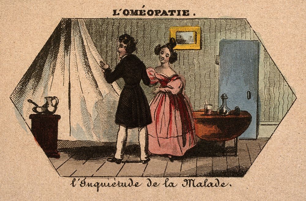 A young doctor (homeopath) visiting a patient and comforting his worried wife. Coloured photolithograph.