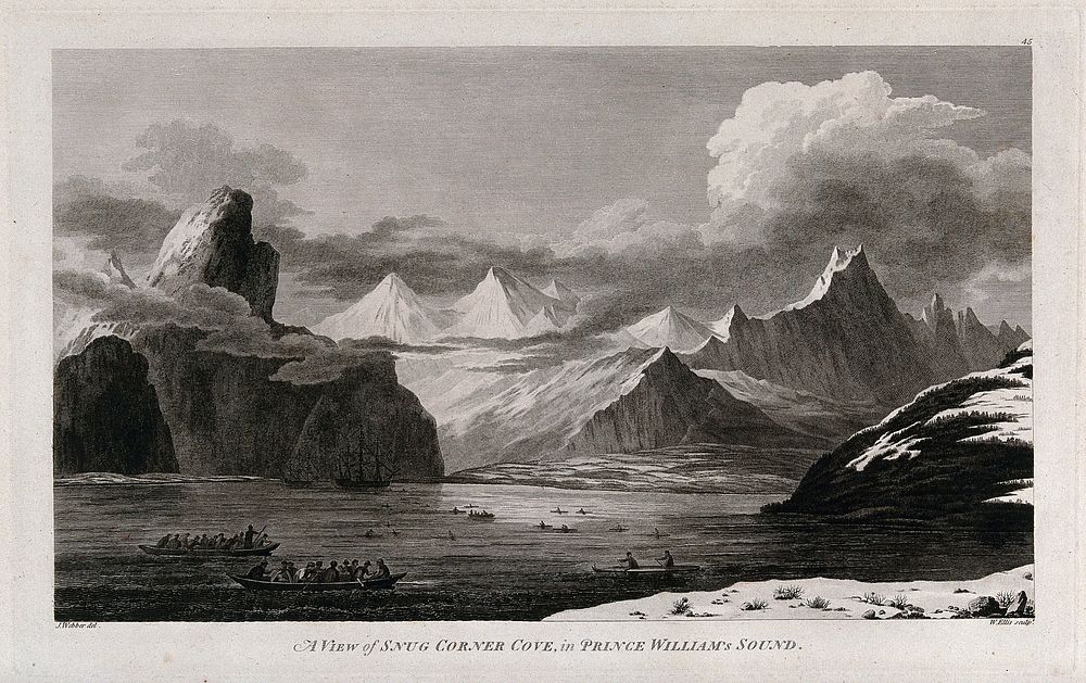 Snug Corner cove, in Prince William Sound, Alaska; encountered by Captain Cook on his third voyage (1777-1780). Engraving by…