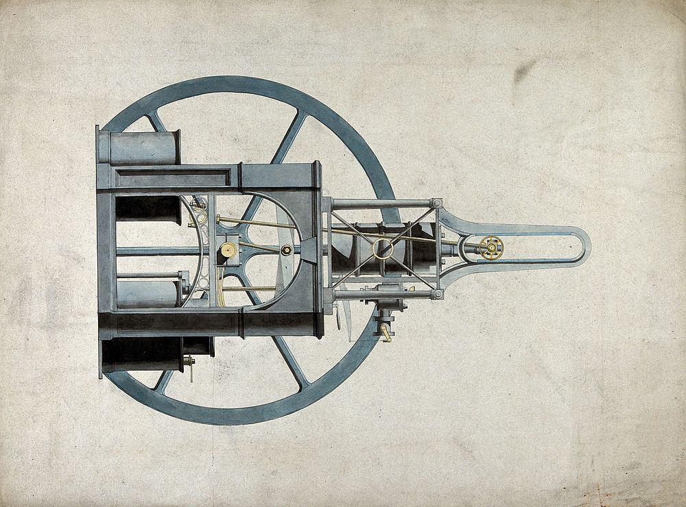 Engineering: a large double-chamber steam engine, with a flywheel. Coloured drawing.