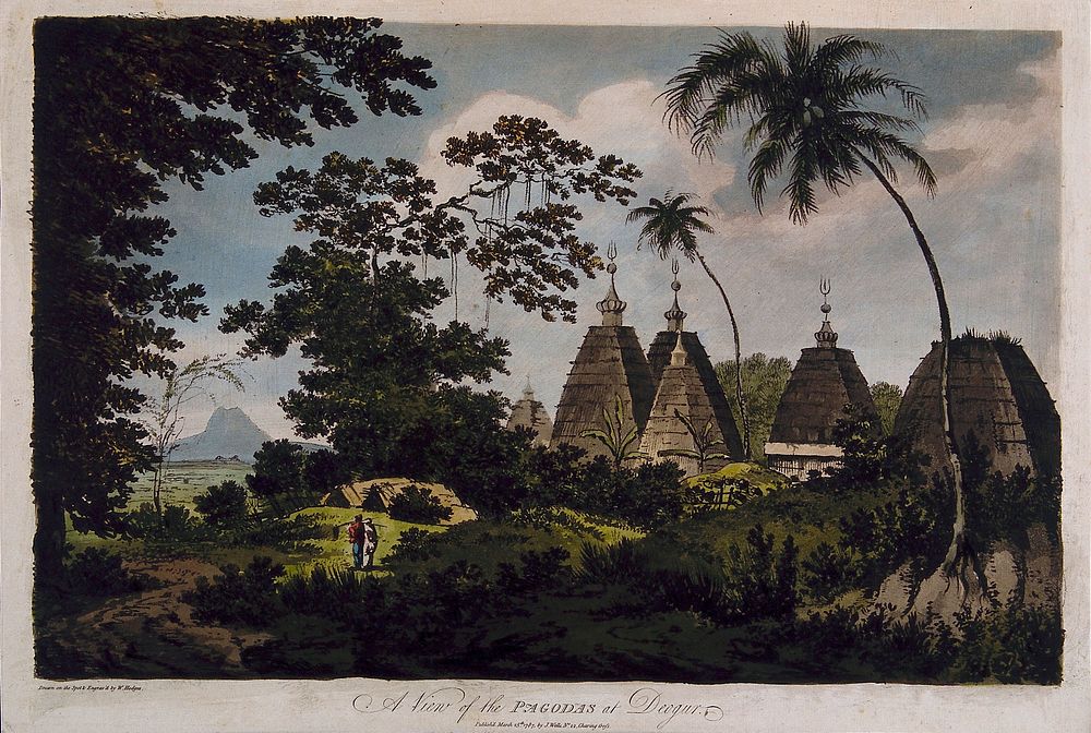 Buddhist pagodas at Deoghar, Bihar. Coloured etching by William Hodges, 1787.