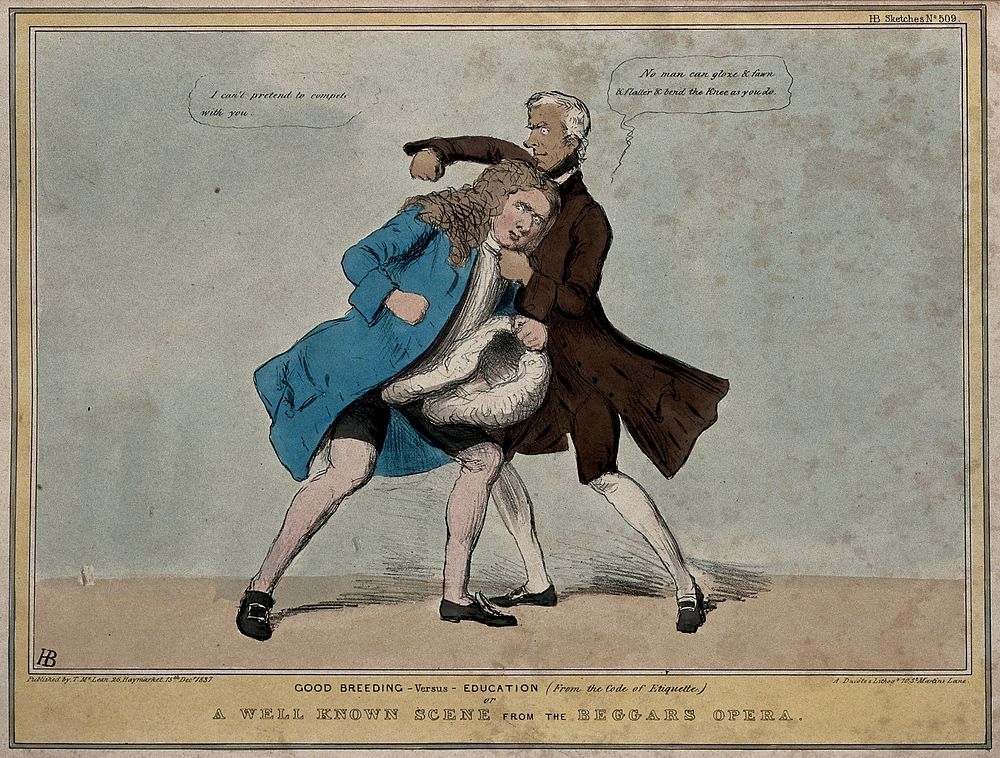 A fist-fight between Lord Brougham and Lord Melbourne as Peachum and Lockit. Coloured lithograph by H.B. (John Doyle), 1837.