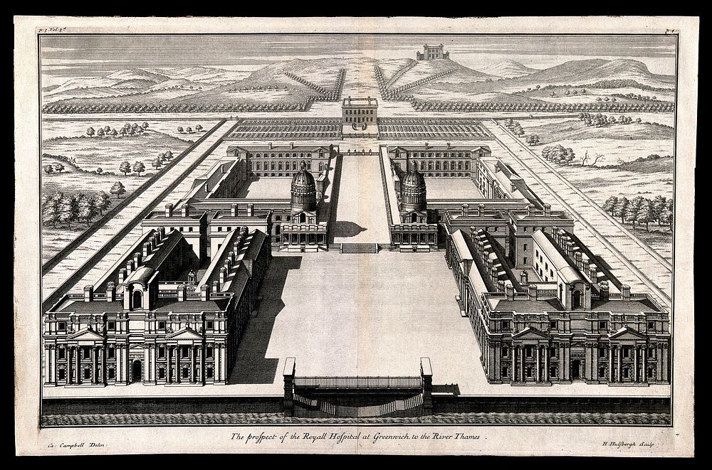 Royal Naval Hospital, Greenwich. Engraving by H. Hulsbergh after C. Campbell, 1715.