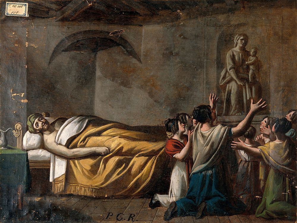 A man in bed, women praying to the Madonna del Parto. Oil painting.