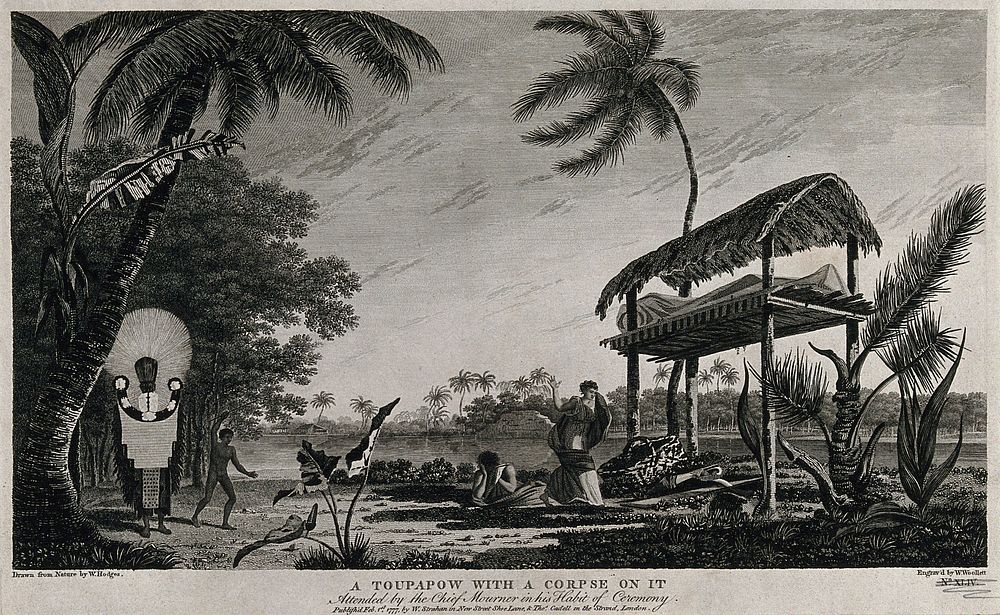 Tahiti: a funerary monument (toupapow) with a corpse on it, encountered by Cook on his second voyage, 1772-1775. Engraving…