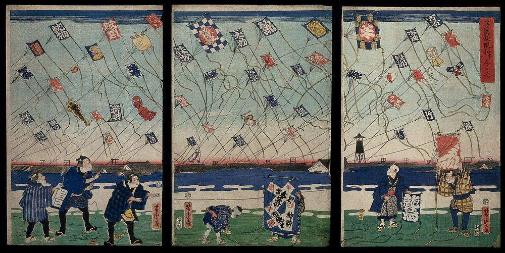 Kite-flying at a boys' festival in early spring. Colour woodcut by Yoshitora, 1865.